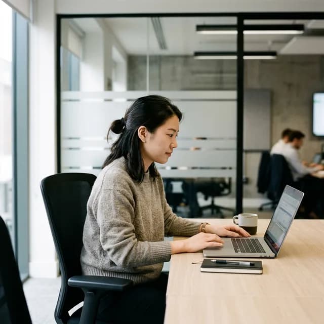 Digital marketer at small office desk with laptop and glass partition wall