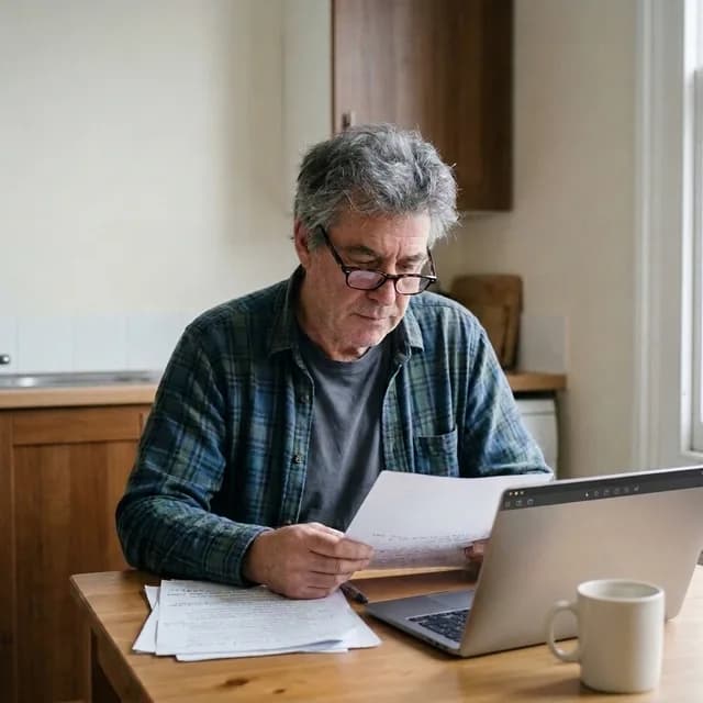 Author at kitchen table with printed manuscript pages, laptop, and coffee mug