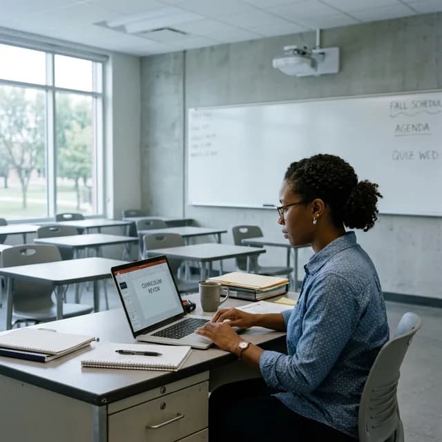 Teacher at desk in empty modern classroom with open laptop