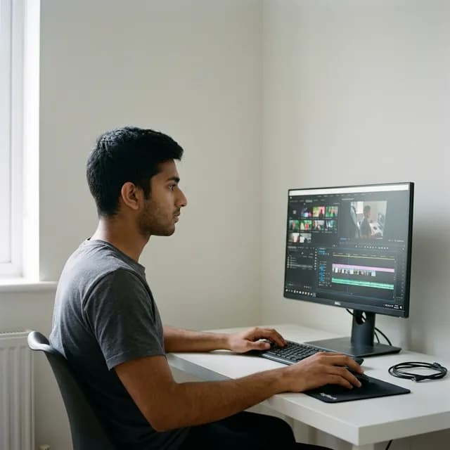 South Asian video creator editing video timeline on desktop monitor in bedroom setup